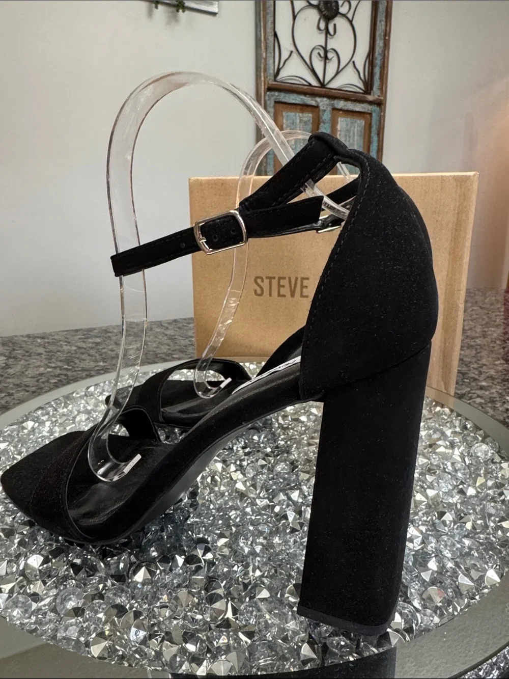 Steve Madden Black Suede leather Chunky Block Heel Sandals NEW 10